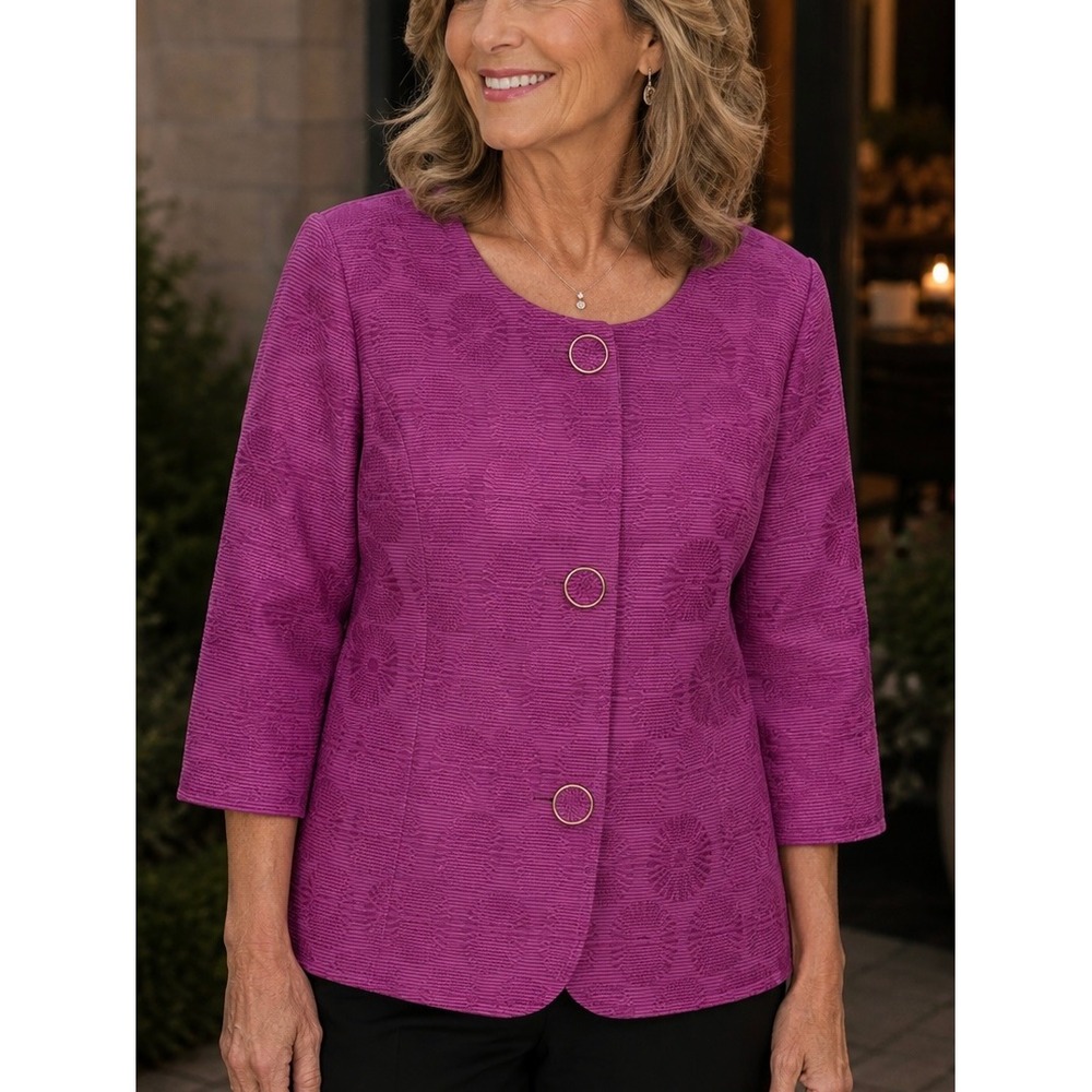 Bob Mackie Pink Jacquard Jacket 1X Floral Button Front 3/4 Sleeve Blazer